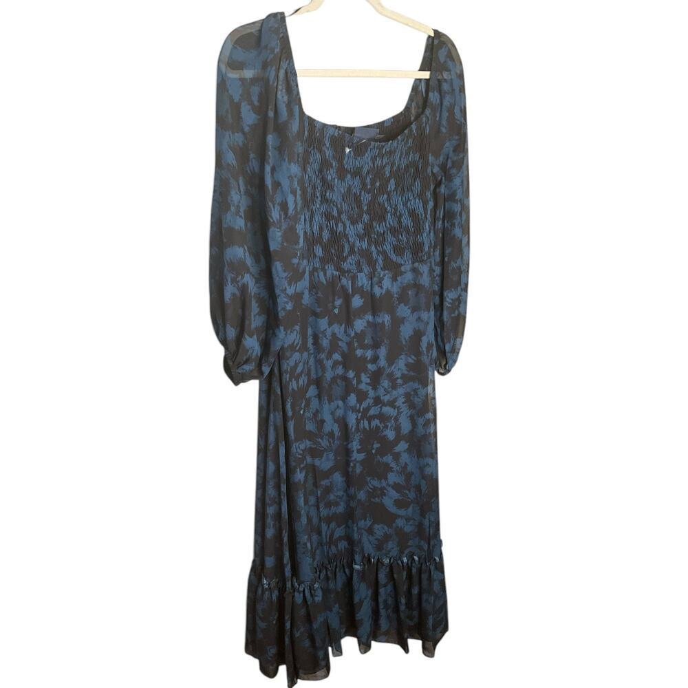 Just... Taylor Maxi Dress Smocked Long Sleeve Floral Blue Black‎ Womens Sz L NEW